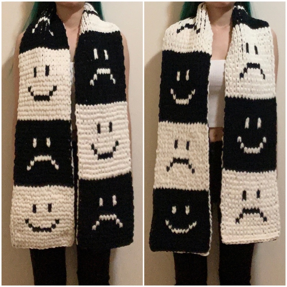 Handknit Black White Happy Sad Face Chunky Chenille Knit Scarf Handmade Y2k